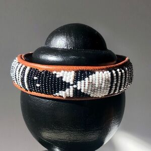 Artisan glass bead & leather bracelet Black and white geometric design 3" x 9/16